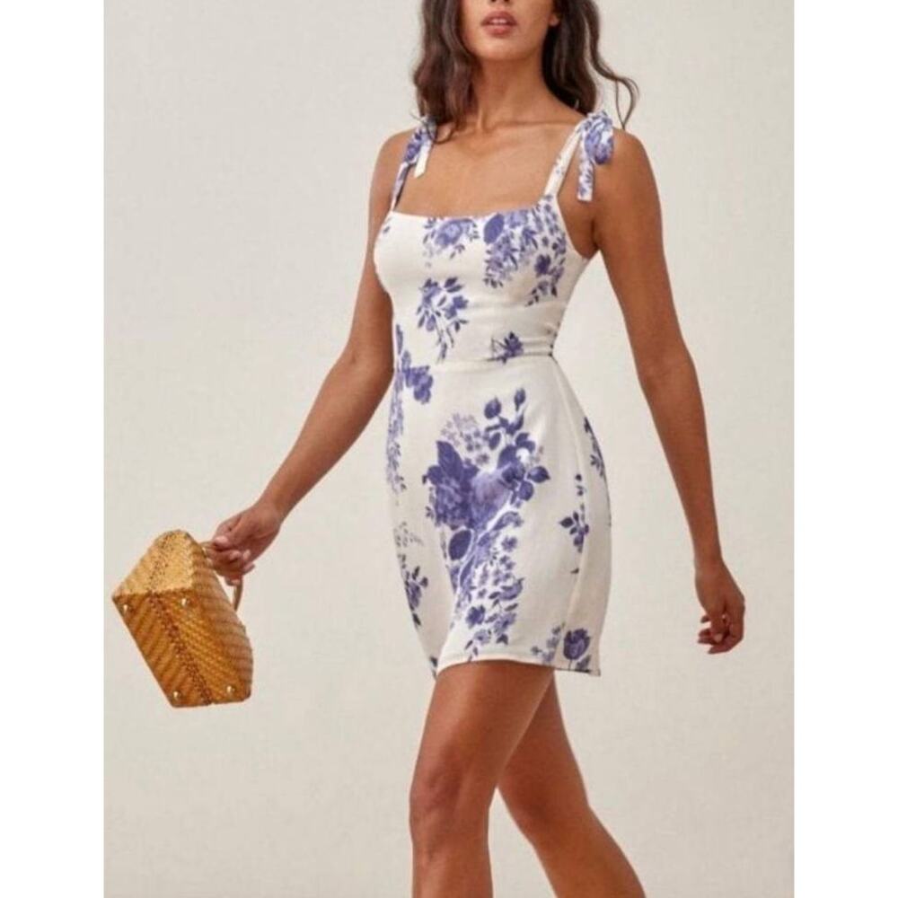 Reformation White Mini Dress with Blue Floral Print